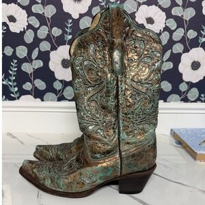 Corral Women's Western Boots Size 10 Brown Turqoise Distressed Leather Snip Toe